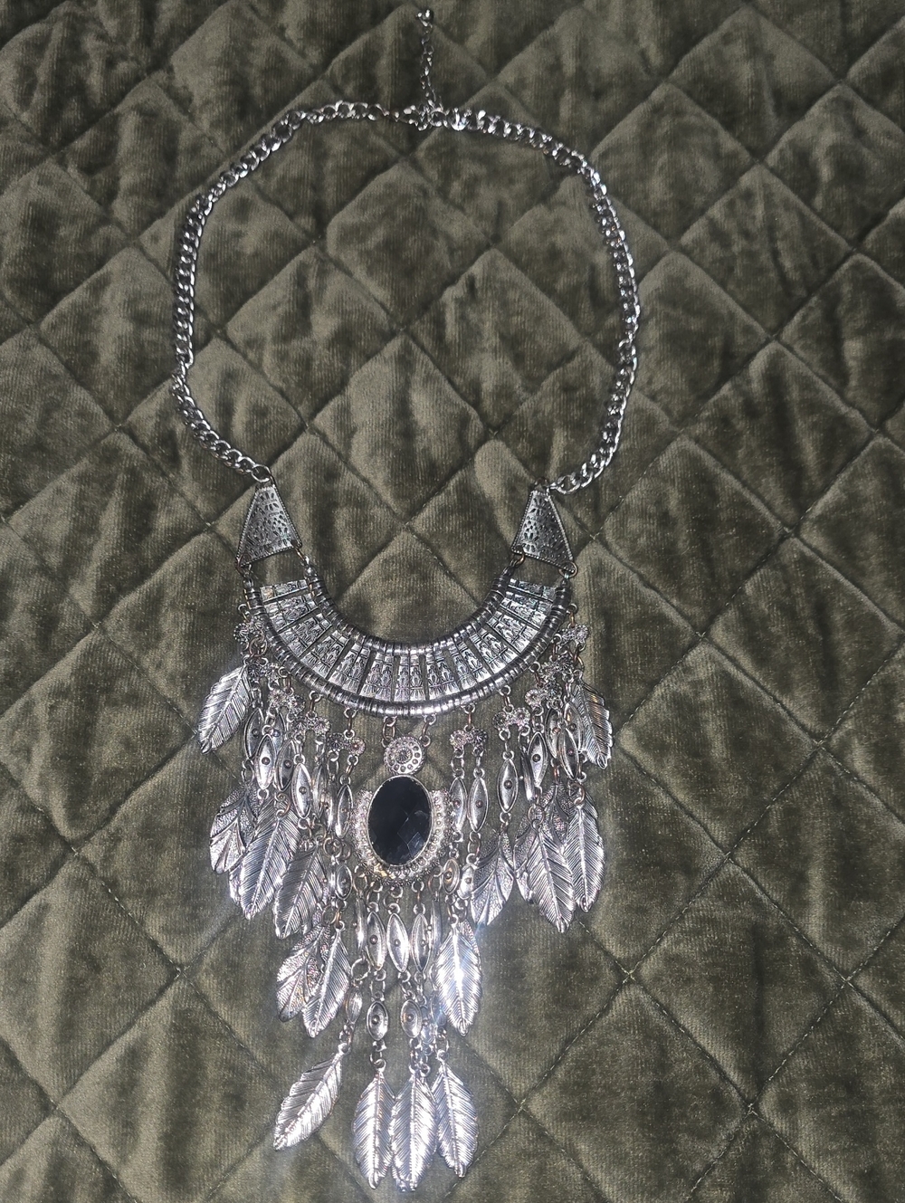 Bohemian Silver Feather Fringe Necklace with Black Stone Accent